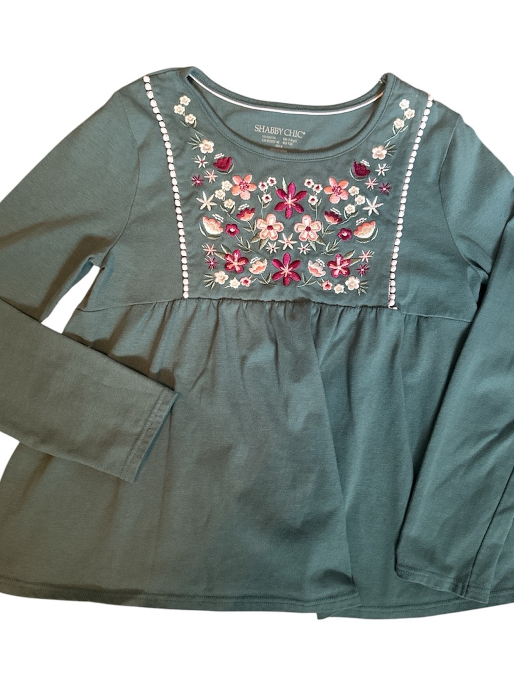 Shabby Chic Long-Sleeve Embroidered Floral Peasant Top Girls 7/8